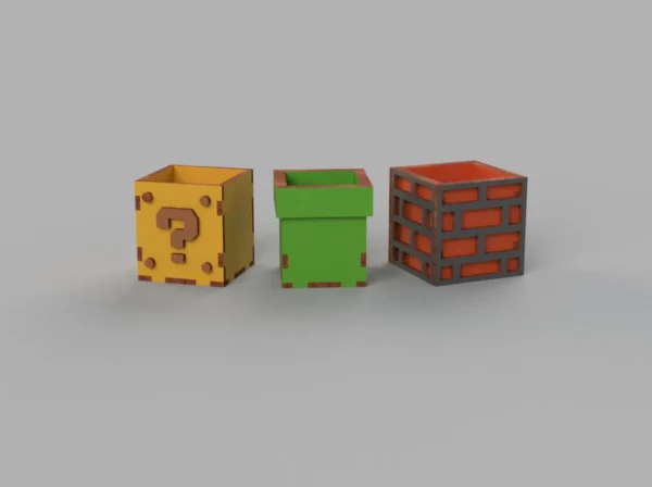 "Level up your desk with our Mario Question Block SVG/DXF file! Perfect for laser cutting a unique organizer for pens, brushes & small items. A must-have for gaming fans & DIY enthusiasts."